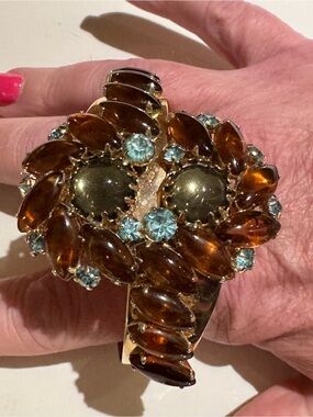 Rare Vtg Unsigned Alice Caviness Rootbeer Marquis & Aqua Clamp Bracelet